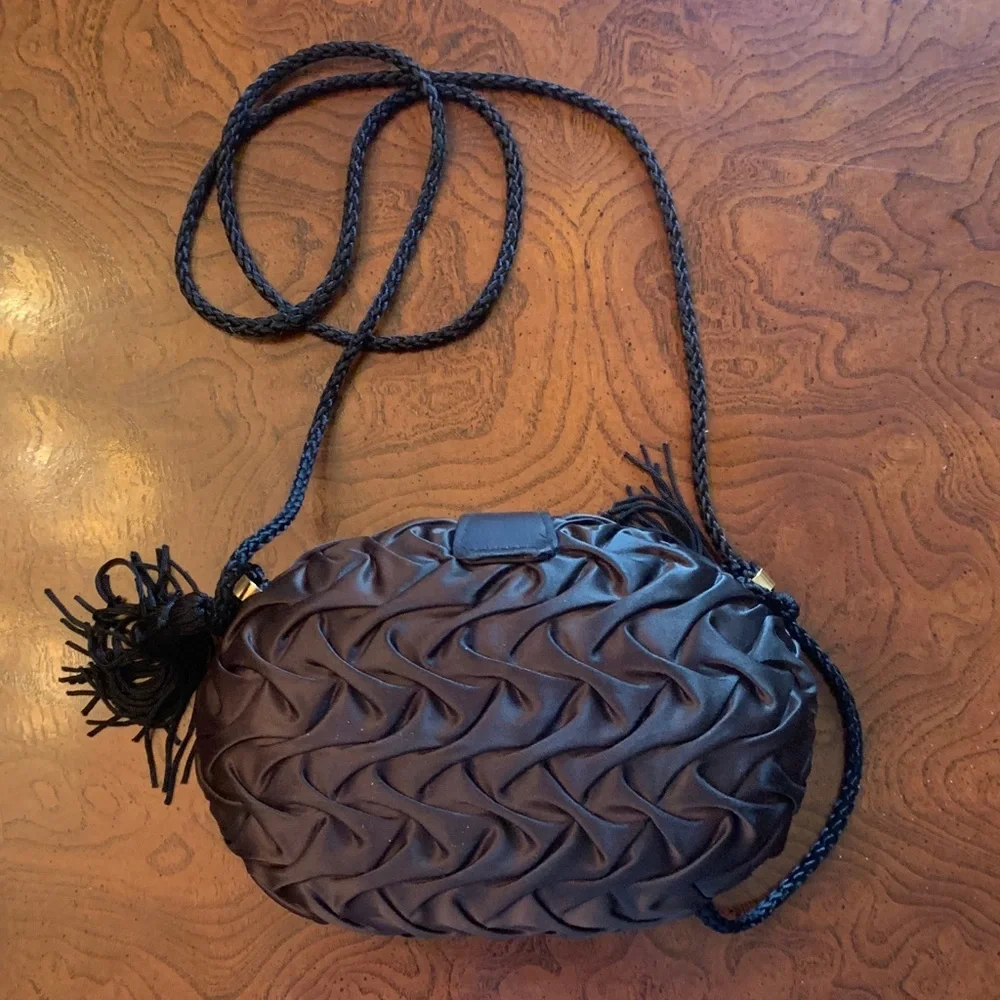 Vintage Collectable La Regale Black Woven Ruched Satin Evening Bag with Tassels